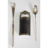 A silver mote spoon, marks illegible, with foliate pierced bowl and tapering handle, 15cm long,
