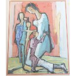 Tadeusz Was (Polish 1912-2005) Mixed media on paper Abstract family figures Signed lower right 53.
