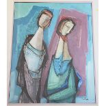 Tadeusz Was (Polish 1912-2005) Mixed media on paper Two figures Signed lower right 56cm x