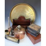 A large Eltex copper and brass burner, with a Valor fire extinguisher, a mincer,