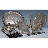 A selection of silver plated items to include a Walker and Hall six bottle cruet with central