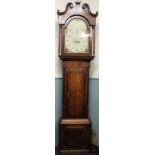 An early 19th century oak and mahogany cross banded eight day longcase clock with satinwood inlay,