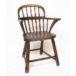 A beech, ash and elms childs Windsor type chair, with hoop back and solid seat,
