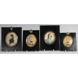 Four 19th century naive watercolour miniatures, comprising one of a lady with cameo brooch, 7.