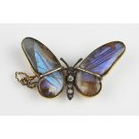 A 15ct gold and diamond butterfly brooch, London 1911, the wings inset with butterfly wing,