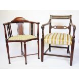 A selection of four chairs to include; a satin wood inlaid hall chair with an upholstered seat,