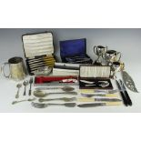 A large selection of silver plated wares to include, a cased set of six butter knives,