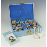 A quantity of costume jewellery to a jewellery box to include five floral paste set brooches,