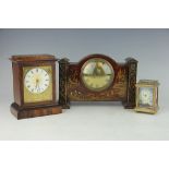 A miniature brass carriage clock, with printed panels, 8cm high, a Chinoiserie cased mantle clock,