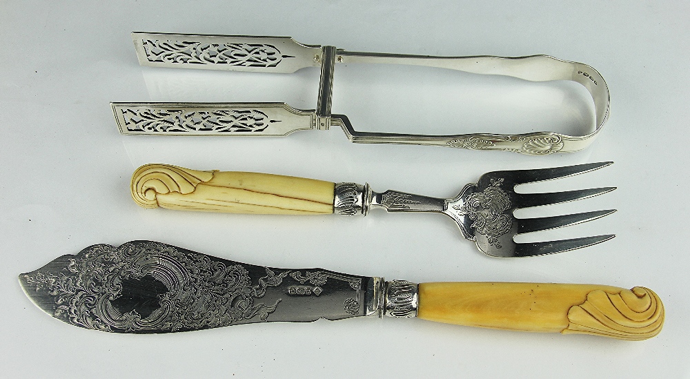 A pair of silver and ivory handled fish servers, Martin Hall and Co, Sheffield 1893,