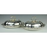 A near pair of silver plated entree dishes and covers, Martin Hall and Co,