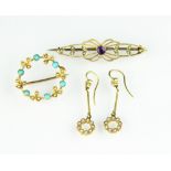 A selection of jewellery, to include; a pair of seed pearl set drop earrings,