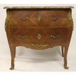 A French Louis XV style walnut bombe commode, with serpentine marble top, and two drawers,
