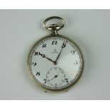 An Omega open faced pocket watch, stainless steel,