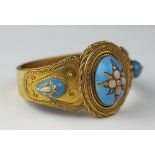 A Victorian diamond, coral and turquoise enamelled hinged bangle,