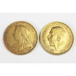 A 1901 gold sovereign and a 1913 gold sovereign,