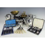 A collection of silver and plated wares, to include; a cased set of six silver tea spoons,