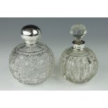 A George V silver topped cut glass scent bottle, stopper and cover, of globular form,