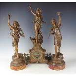 A late 19th century French bronzed spelter figural garniture,