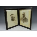 A leather covered double photo frame, with gilt tooled detail,