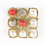 A Mikimoto coral and pearl brooch, stamped K14,
