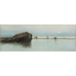 MICHELE CATTI (Palermo 1855 - 1914) OLIO su tavoletta "paesaggio marino con scogli e personaggi"