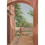 L. JELAQUE OLIO su tavoletta "cortile". Sicilia primi '900 Misure: cm 32,5 x 45