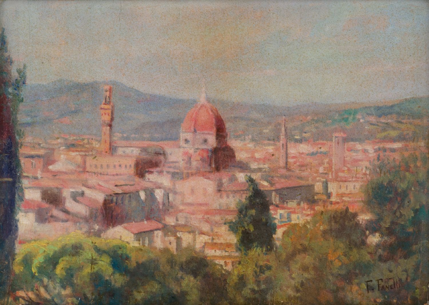 FRANCESCO FANELLI (Livorno 1869 - Bagno a Ripoli (FI) 1924) OLIO su tavola "veduta di Firenze"