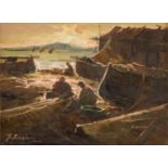 FRANCO FERRARESE OLIO su tela "pescatori con barche a secco". XX secolo Misure: cm 24 x 18