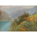 LIDIO AJMONE (Attr.le) (Coggiola (BI) 1884 - Andezeno (To) 1945) OLIO su cartone "lago di Lucano",