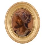 PITTURA su vetro "profilo di guerriero" (mancanze). Italia XIX secolo Misure: cm 18 x 23,5