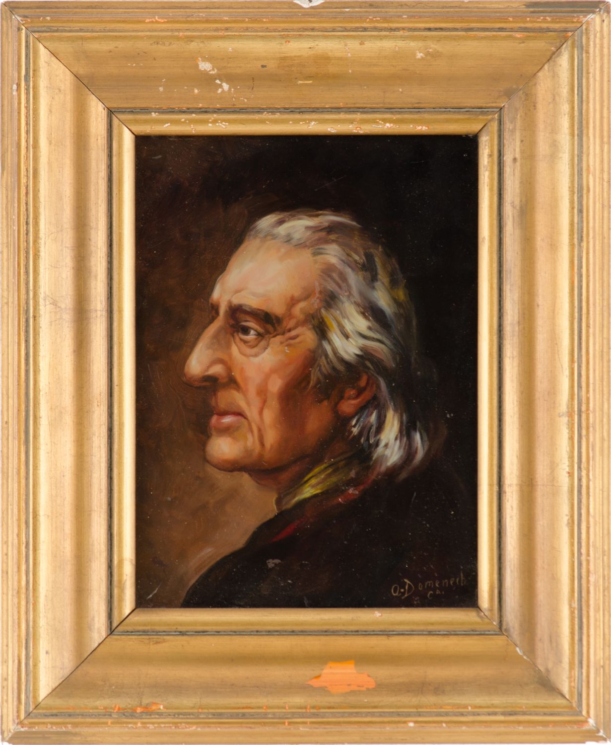 A. DOMENECH PITTURA su vetro "profilo maschile", firmata in basso a destra. XX secolo Misure: cm