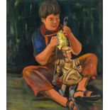 MARCHESE OLIO su faesite "bambino con paladino". XX secolo Misure: cm 71 x 80
