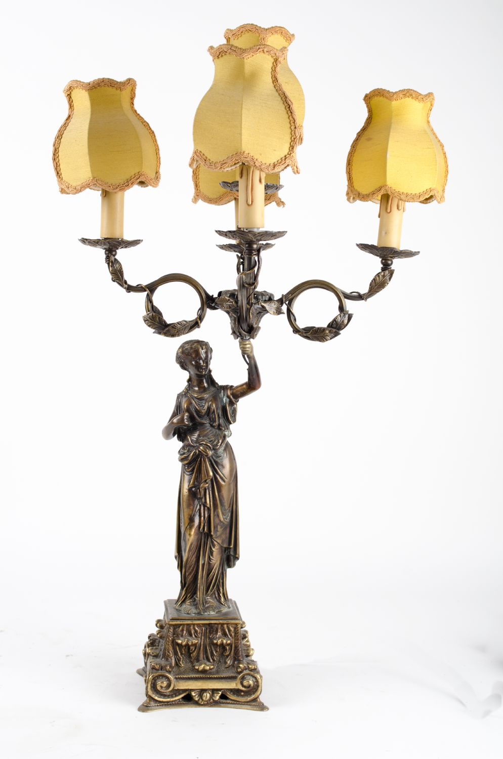 RODANY CANDELABRO in bronzo a cinque luci raffigurante "figura femminile".  Misure: h cm 74