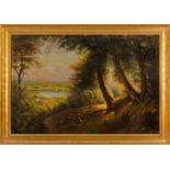 OLIO su tela "paesaggio boschivo con lago (difetti nella tela), firmato in basso a destra. XX secolo