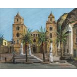 ANDREA PATRISI (Napoli 1954) OLIO su tavoletta "il Duomo di Cefalu'", firmato in basso a destra.