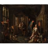 OLIO su tela "interno con mercanti d'arte". Olanda XVIII secolo Misure: cm 84 x 69
