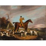 OLIO su tela "caccia alla volpe con cavaliere, cavalli e cani", firma illeggibile. Datato 1788