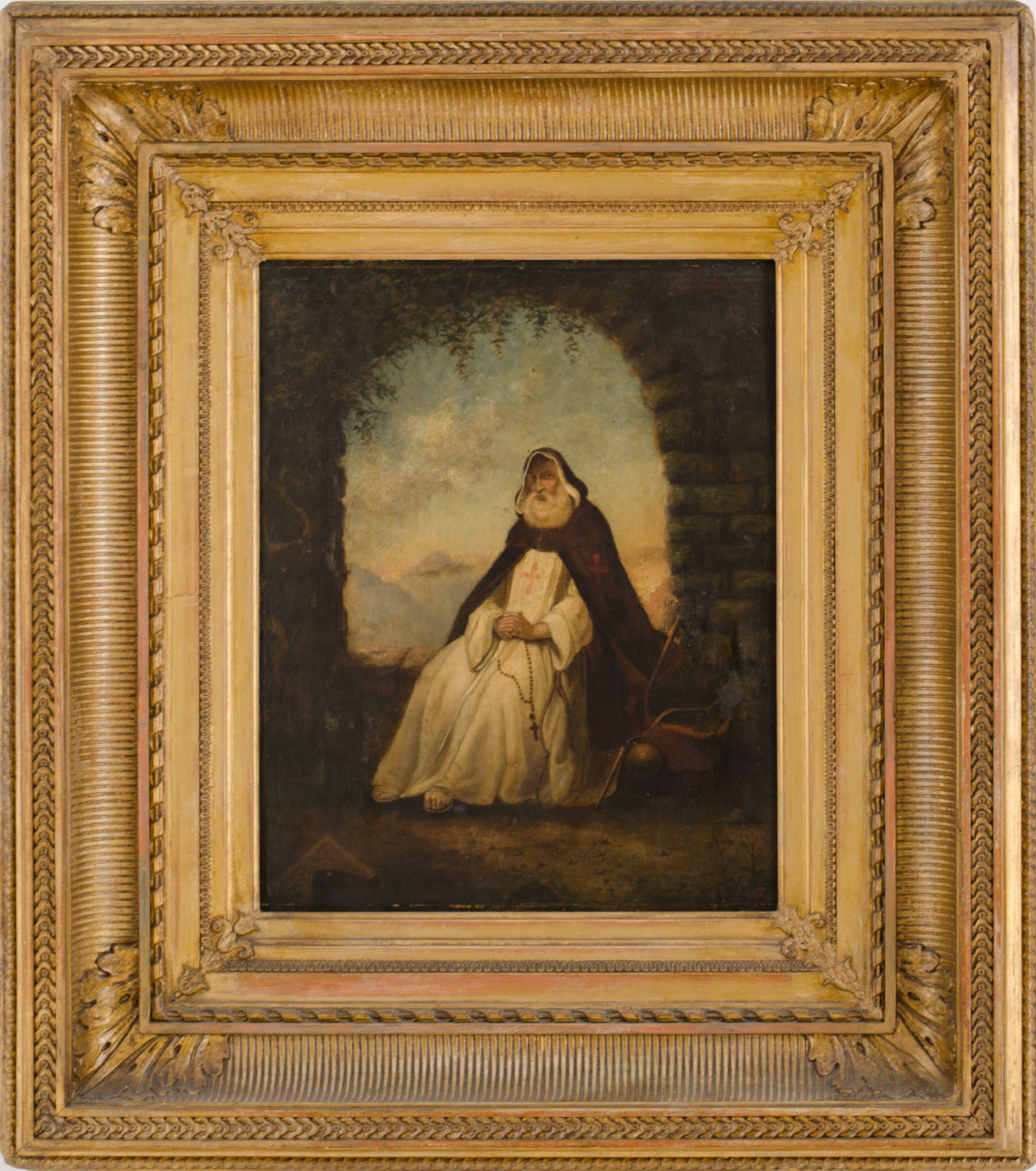 OLIO su tavola "Monaco appartenente all'ordine dei Trinitari - 1873", monogrammato in basso a destra