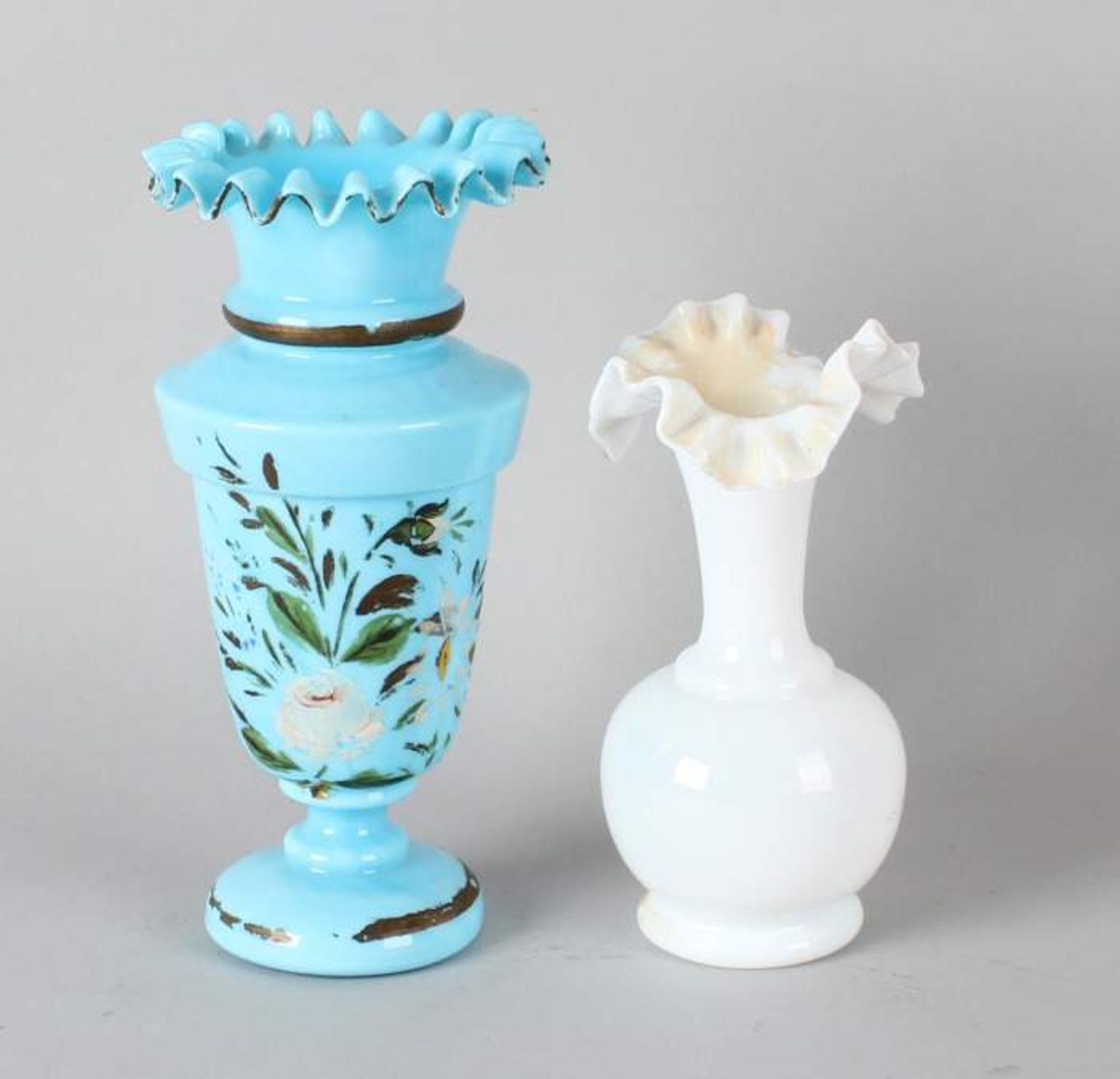 Two antique vases opaline glass collar around 1900 with residual paint, glass is very 15-2-cm Cond R