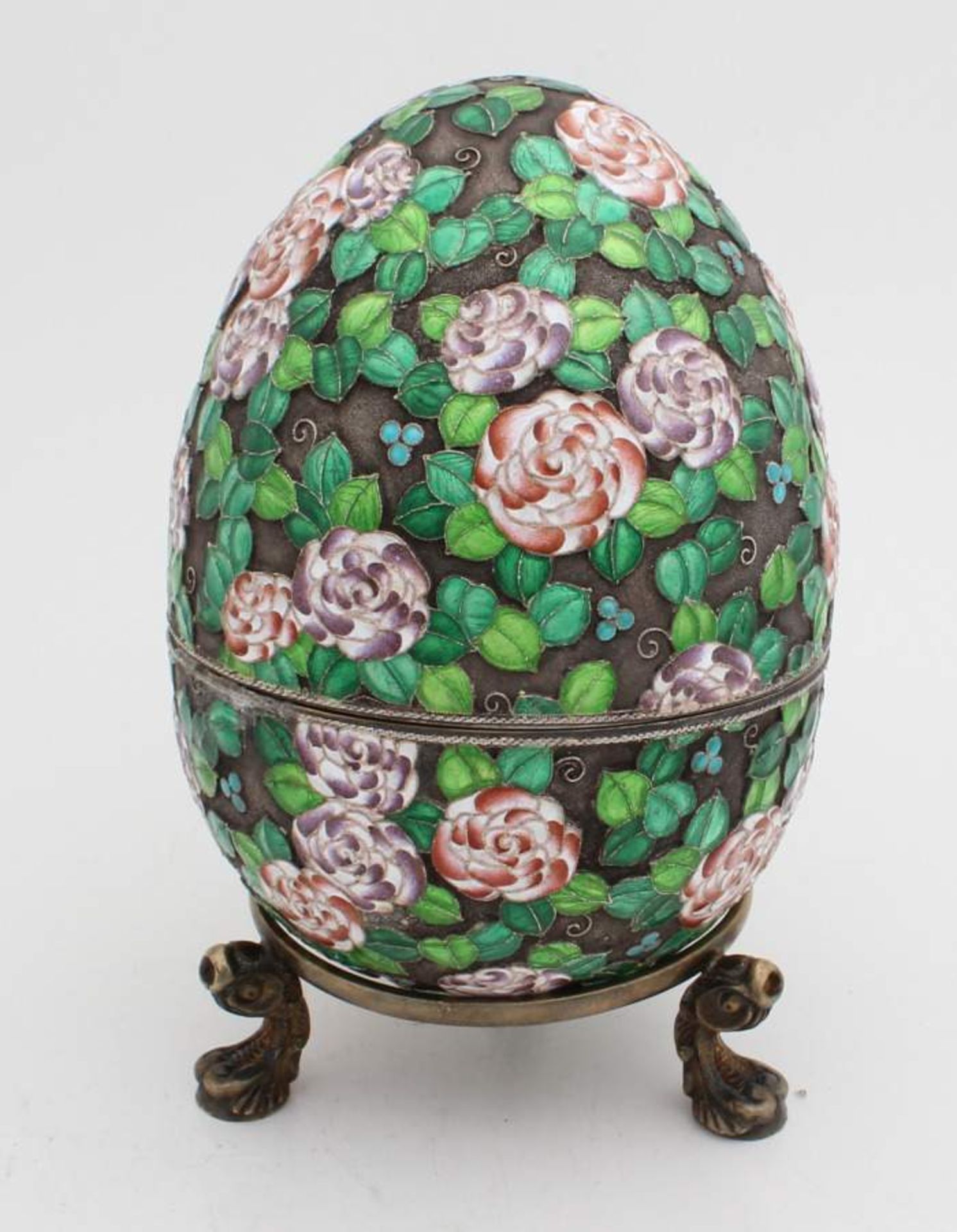 Silver egg with enamel on standard, 88 zolotniks. Beautifully decorated egg with rose and leaf motif