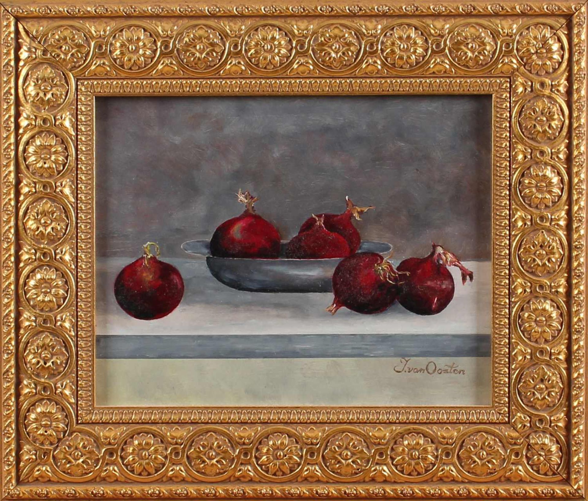 J. van Oosten, Still life with onions, oil on panel 24x30cm Cond: G J. van Oosten, Stillleben mit