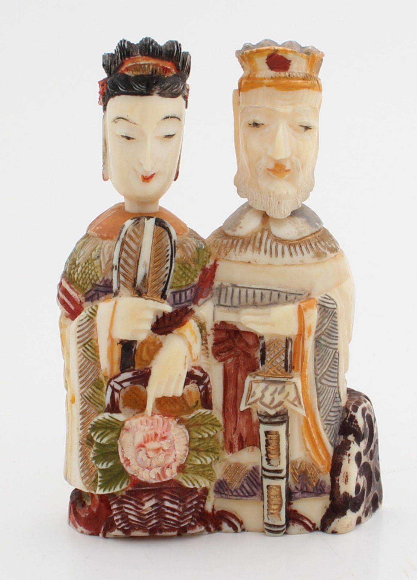 Antique Chinese ivory snuff bottle with two plugs in the form of heads depicting an imperial