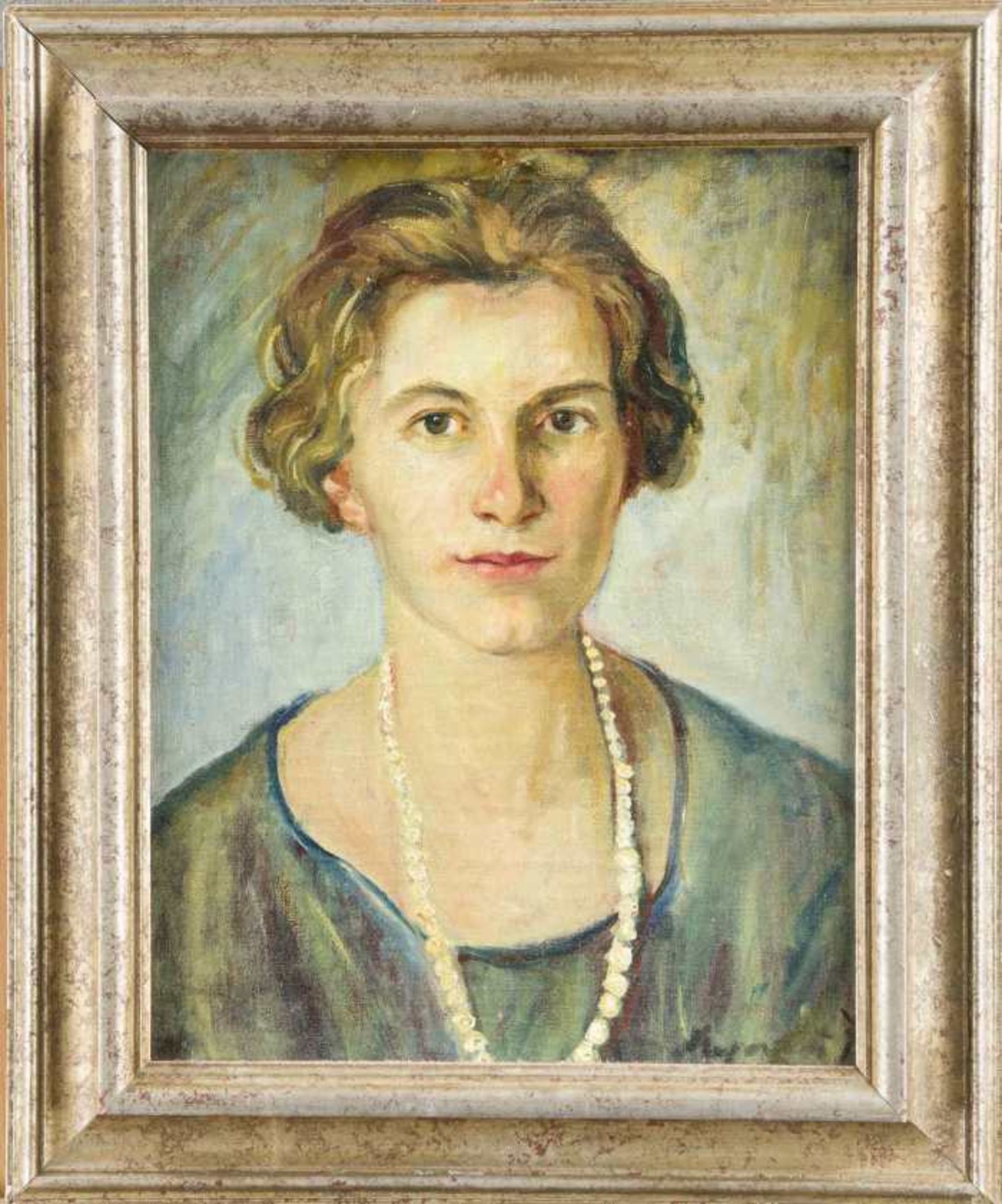 Unclear signed around 1930 German school ladies portrait with pearl necklace, oil on canvas