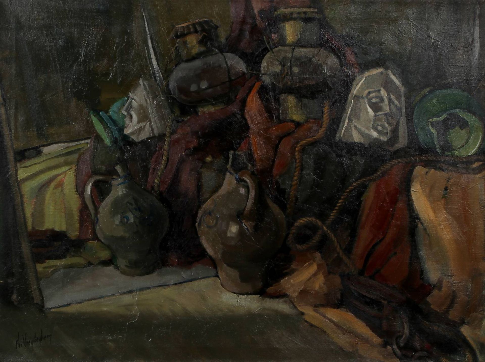 Cor Vredenberg, Vierhouten 1911-1994 Zwolle, still life, ship's hold with jugs, lamps etc. storm oil