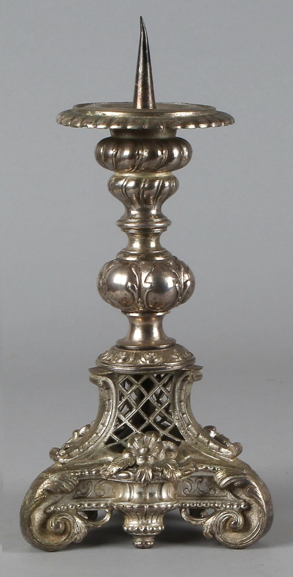 Nineteenth century silvered bronze candle candlesticks in Baroque style with floral decor, good