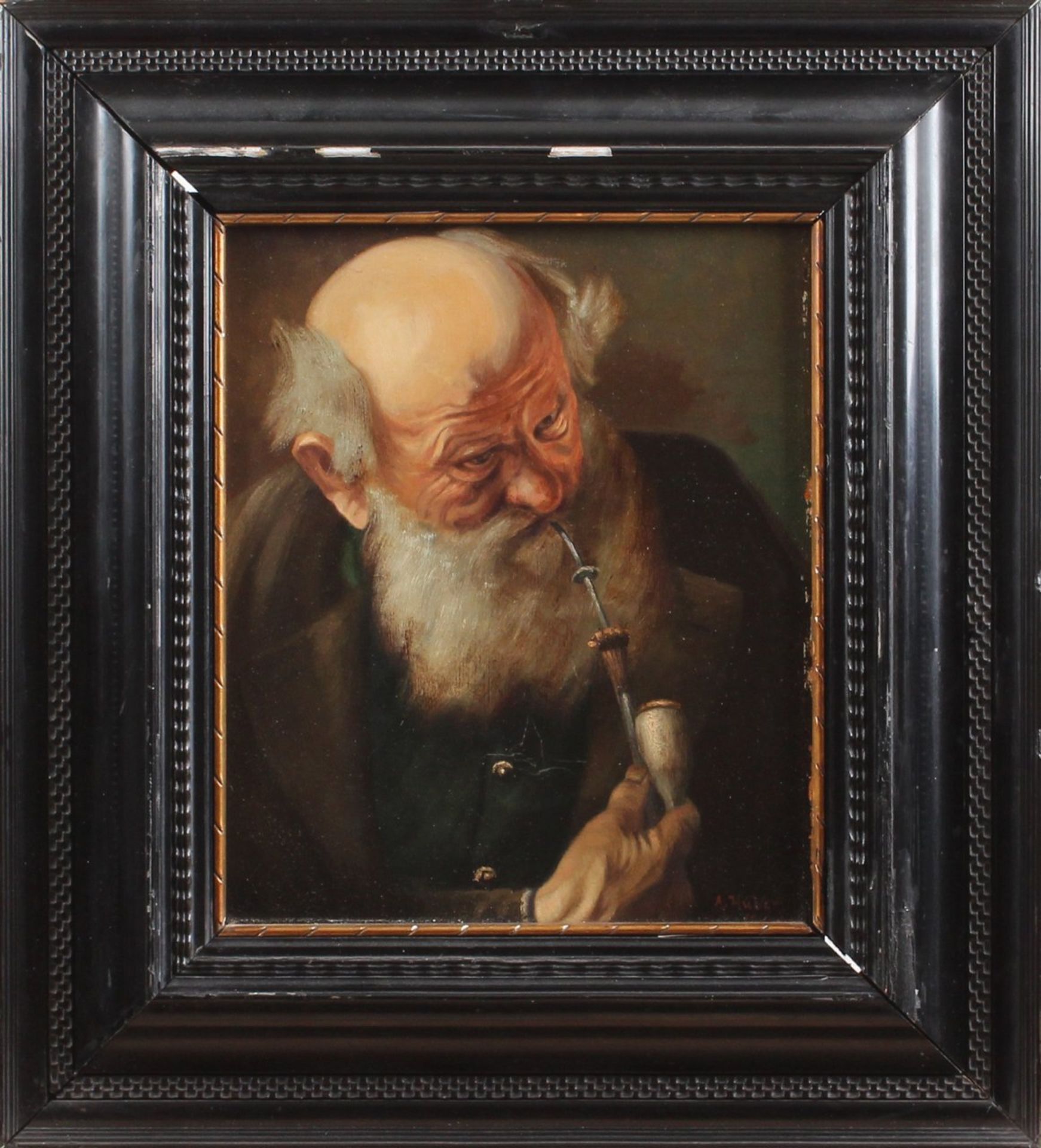 A Huber (axel) Münchner Schule Germany, South German elderly man with pipe, oil on panel 25x30,5