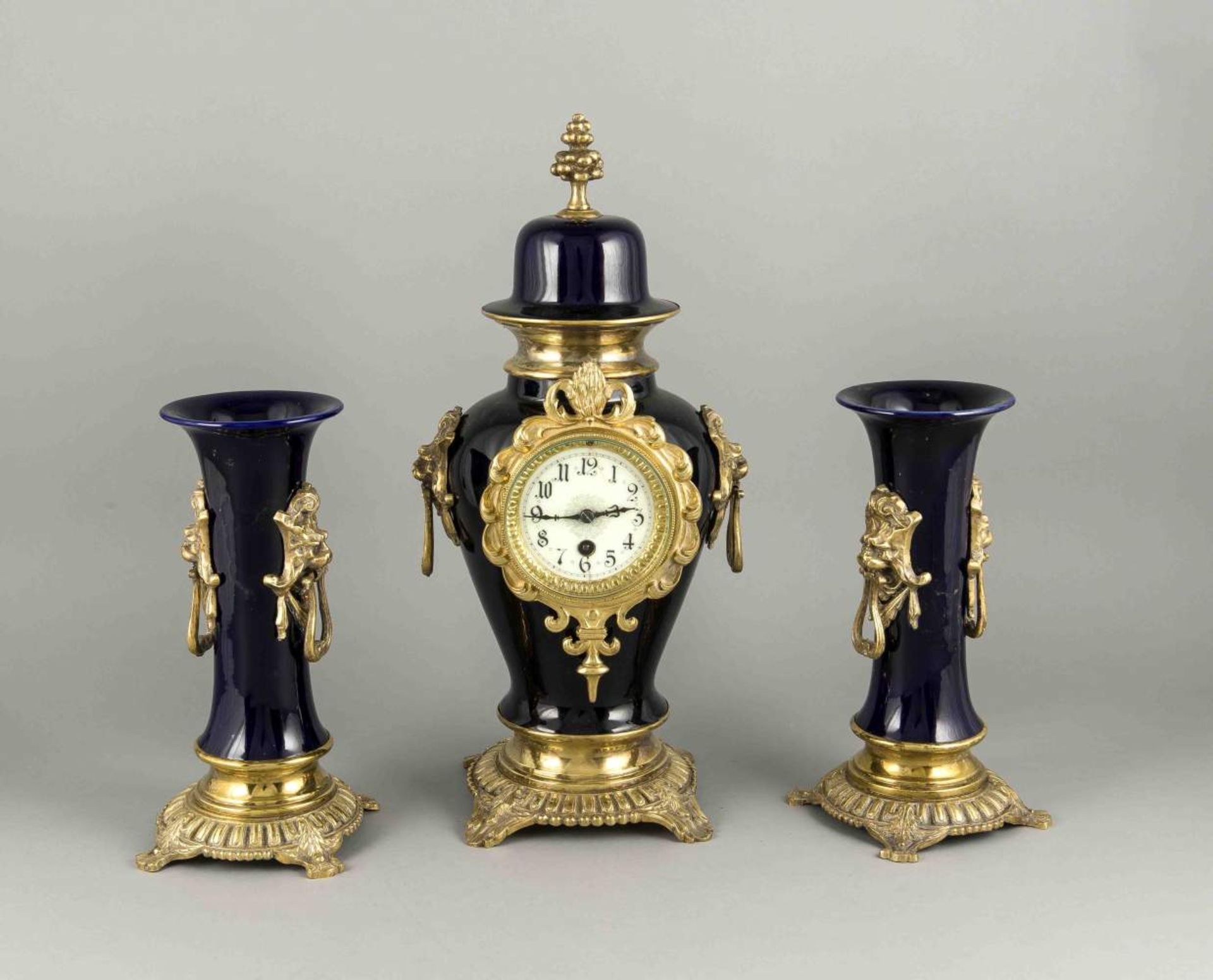 Antique blue ceramic clocks set with gilt bronze mounts and quiet French clock, circa 1870, in