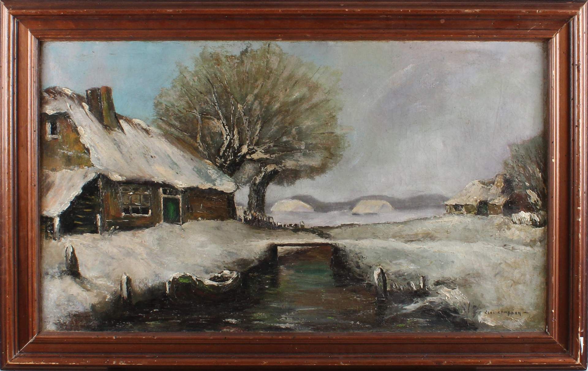 Cees Compaan, Dutch snowy landscape, oil on canvas 110x65cm Cond: G Cees Compaan, Niederländisch