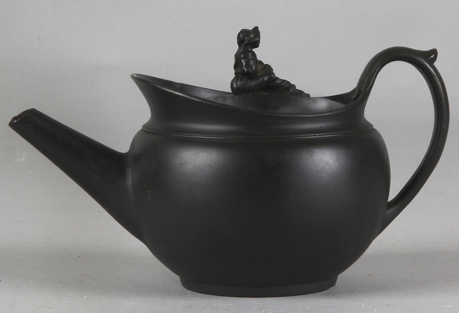 Beautiful 19th century English Wedgewood teapot, black with seated female figure on the cover (